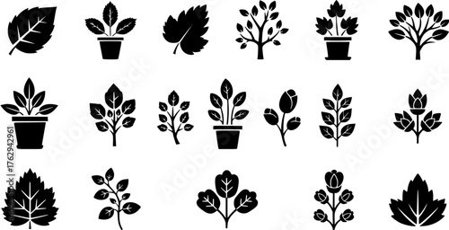 Black silhouette icon set of various potted plants, trees, leaves, and sprouts.