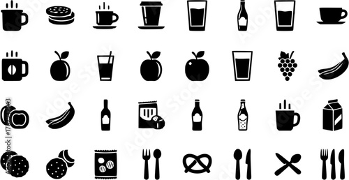 Food and drink black glyph icon set, vector pictograms of cup, coffee, tea, cookie, bottle, water, apple, grapes, banana, plums, pretzel, milk, fork, spoon, knife sign silhouette illustration.