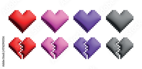 Set of pixel art 3D hearts in red, pink, violet, and gray shades. Includes full and split designs with glossy highlights and retro texture. Ideal for digital illustration and vector graphics.