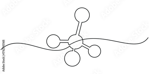 Continuous one line drawing of a molecule structure with connected atoms and bonds. Minimalist chemistry concept vector illustration with editable stroke on white background.