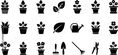 Set of gardening black glyph icons illustrating potted plants, leaves and garden tools such as rake, shovel, shears and watering can.