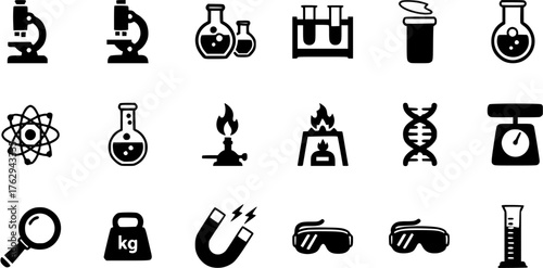 Science and laboratory black glyph icon set, vector pictograms of microscope, test tube, flask, atom, dna, burner, magnet, weight, magnify glass, measuring cylinder, glasses, and scale