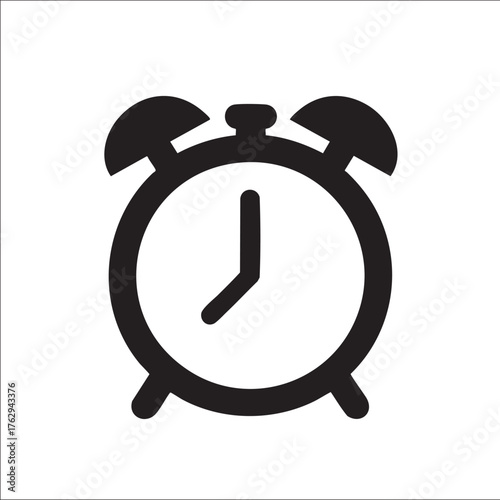 Simple black and white illustration of a classic alarm clock icon