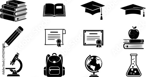 Education and school black glyph icon set with graduation cap, backpack, globe, books and other studying symbols.