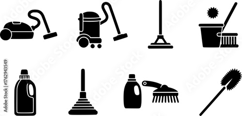 Cleaning supplies black glyph icon set showing vacuum cleaner, mop, plunger, cleaning brush, and other household tools
