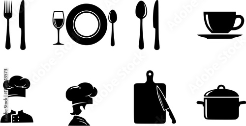 Kitchen and restaurant utensils glyph icon set with chef uniform, cutting board, dinnerware and pot.