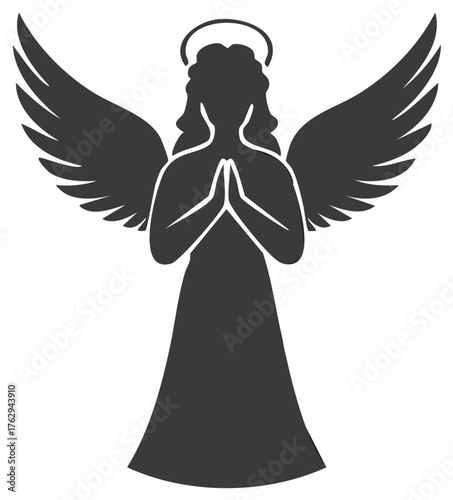 Stylized Angel Silhouette with Wings in Prayer Position, Graphic Icon for Faith and Protection