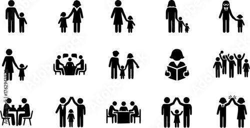 Family and social interaction black silhouette icon set representing parenthood, education, learning, community, teamwork and celebrations