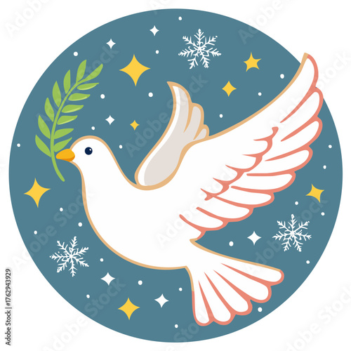 Christmas Peace Dove holding an olive branch flying among snowflakes and stars in a winter sky