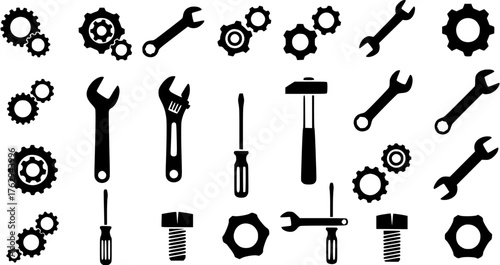 Black and white tool and equipment icon set featuring wrenches, gears, screwdrivers, bolts, and a hammer.