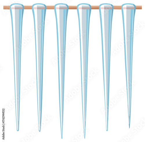 Six blue and white cartoon icicles hanging from a wooden beam, symbolizing winter cold and frosty weather