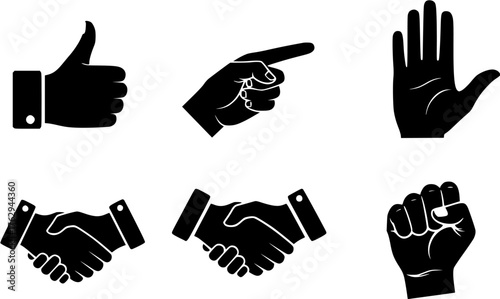 Hand gestures black glyph icon set, vector pictograms of handshake, pointing finger, open hand, fist and thumbs up sign.