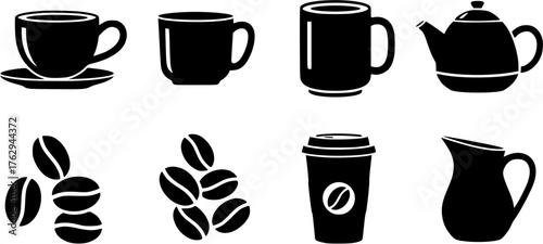 Coffee set glyph icon collection featuring coffee beans, cups, mugs, teapot, and creamer in black silhouette.