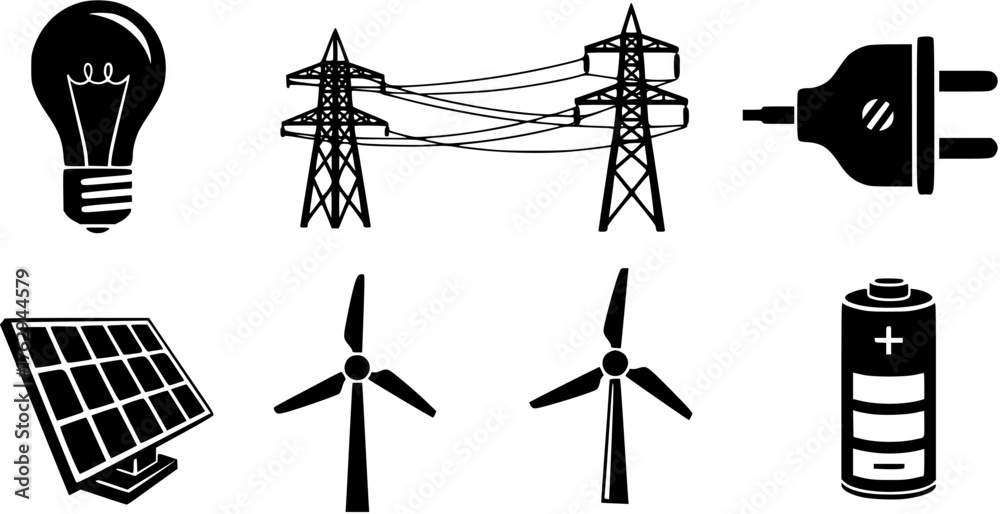 Fototapeta premium Renewable energy black glyph icon set featuring a lightbulb, power lines, electric plug, solar panel, wind turbines, and battery.