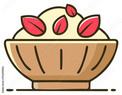 Stylized Bowl of Creamy Dessert Topped with Red Fruit Slices