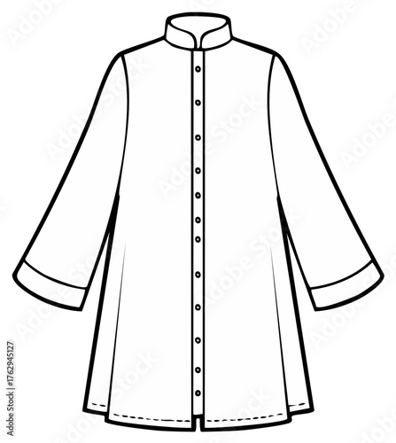 Line art illustration of a long-sleeved button-up tunic shirt for clothing designs.