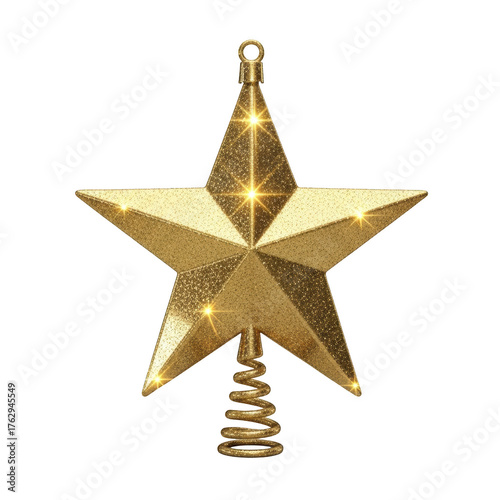 Shiny Gold Glitter Christmas Tree Topper Star, Festive Holiday Decoration with Sparkling Texture, Isolated.