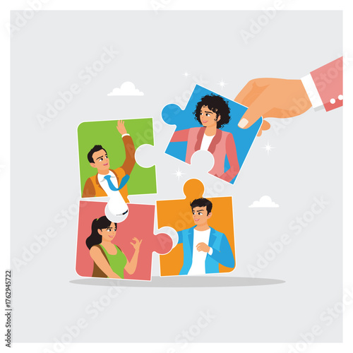 Businessman hand HR put new employee to connect jigsaw puzzle.