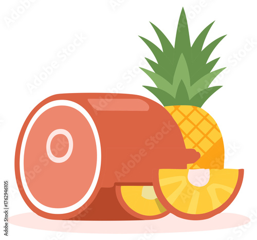 Large Ham Roast with Whole and Sliced Pineapple Vector Illustration