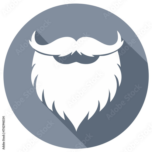 White beard and mustache icon with long shadow in a grey circle representing hipster style or masculinity