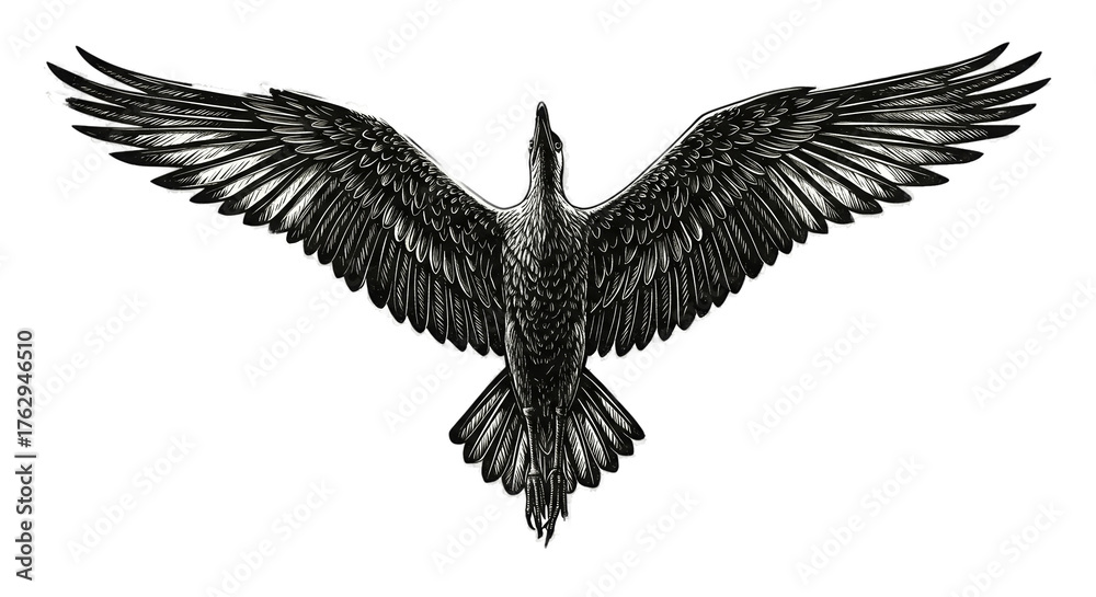 Fototapeta premium Black Bird in Flight Isolated Transparent Background Realistic Photo