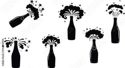 Black silhouette champagne bottle popping vector illustration with cork explosion, bubbly foam, stars, festive celebration design for New Year, wedding, party events