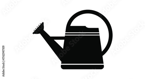 Classic black silhouette of a vintage garden watering can with a curved handle and spout on a white background