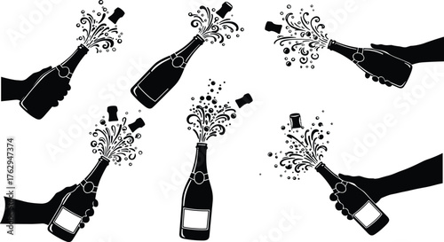 Black silhouette champagne bottles held by hands popping corks with sparkling spray, festive celebration vector design for New Year, wedding, holiday party events