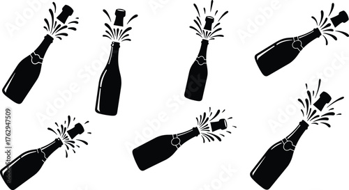 Black silhouette champagne bottles popping vector illustration with cork explosion, sparkling spray, festive celebration design for New Year, wedding, holiday party events