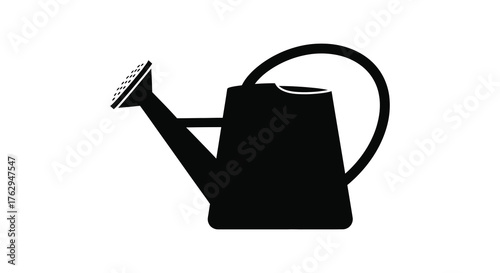 A classic black silhouette of a garden watering can with a long spout and a curved handle on a white background silhouette