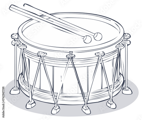 Line art illustration of a traditional marching snare drum with drumsticks