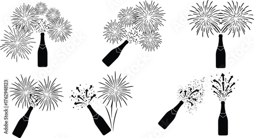 Black silhouette champagne bottles with sparkling fireworks explosion, festive celebration vector illustration for party, holiday, New Year, event design themes