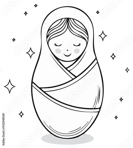 Outlined Matryoshka Nesting Doll with Closed Eyes and Stars around for Coloring Book or Craft
