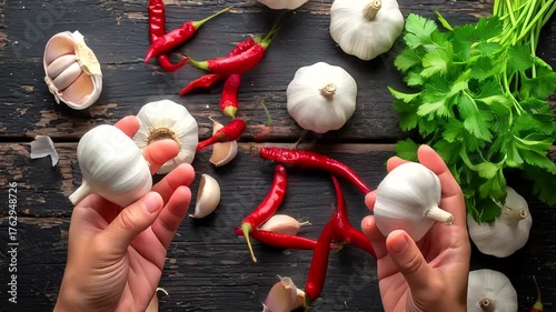 Hands arranging fresh garlic, chilies, and herbs on rustic wooden table