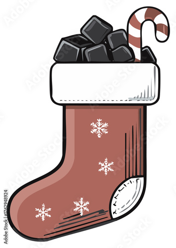 Naughty list Christmas stocking filled with lumps of coal and a candy cane illustration.