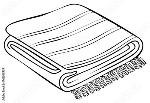 Folded Striped Blanket with Fringes Line Art Drawing Outline Illustration