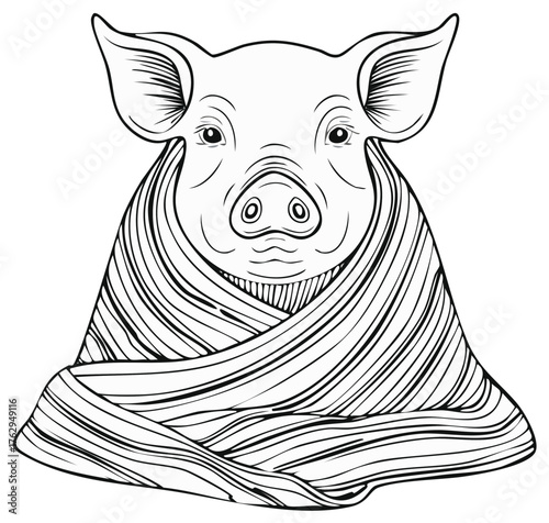 Line art illustration of a pig wrapped in a blanket style covering