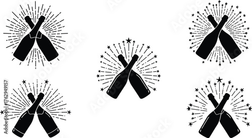 Champagne bottle silhouette vector set with clinking bottles, sparkling bursts, stars, and festive celebration elements for holiday party design