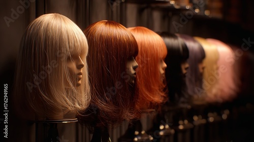 Mannequin heads with colorful wigs arranged linearly displaying vibrant hair fashion trends.