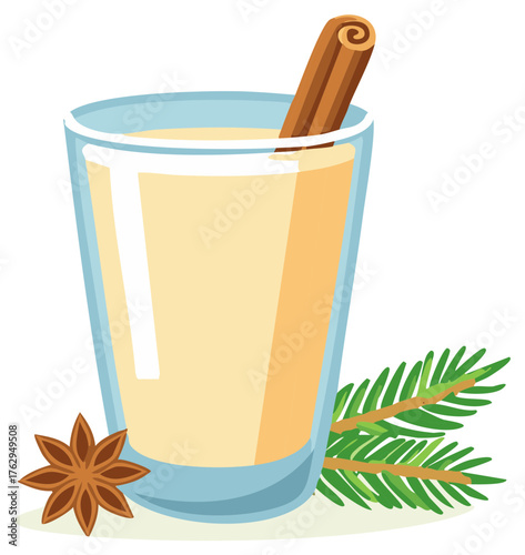 Festive beverage with cinnamon stick, star anise and evergreen