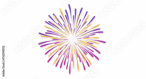 Vibrant burst of abstract purple and gold starburst illustration with radiating lines on a white background, perfect for celebrations and festive designs
