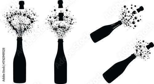 Champagne bottle silhouette vector set with popping corks, bubbles, fizz sprays, and festive celebration elements for holiday party event design