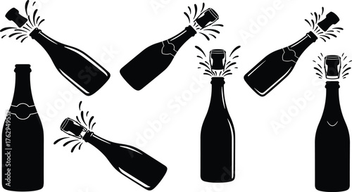Champagne bottle silhouette vector set with popping corks, fizz sprays, bubbles, and festive celebration elements for holiday party design
