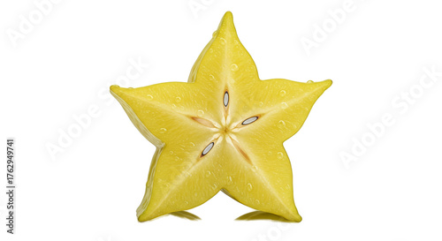 Bright Star Fruit Slice Isolated Yellow Background Detailed