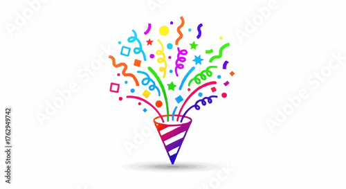 Bursting Celebration Vector Image of a Party Popper Exploding with Colorful Confetti and Streamers
