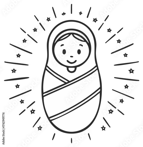 Joyful Baby Icon in Swaddling Clothes Surrounded by Stars and Light Rays