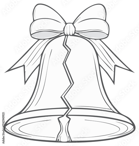 Line art illustration of a cracked bell with a large bow and ribbon on top