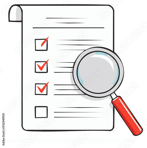 Magnifying Glass Inspecting Checklist Document with Marked Items