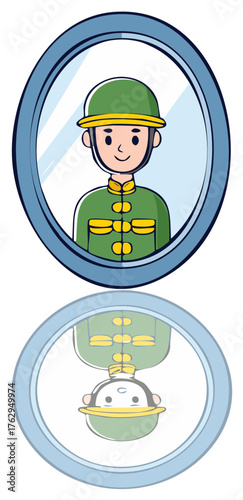 Person Dressed in Green Uniform with Helmet Reflected in Mirror