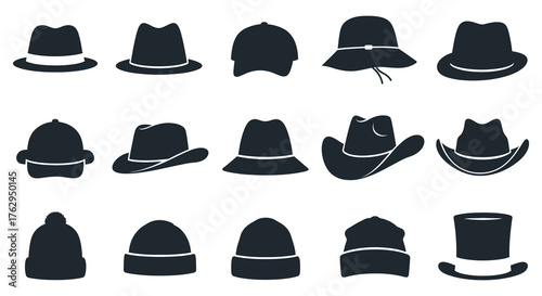 Collection of diverse black silhouette hats including fedoras beanies and cowboy hats for fashion and style concepts silhouette